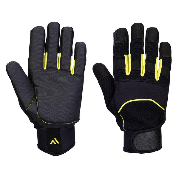 Black Portwest anti-vibration mechanics gloves with padded palms, front and back views