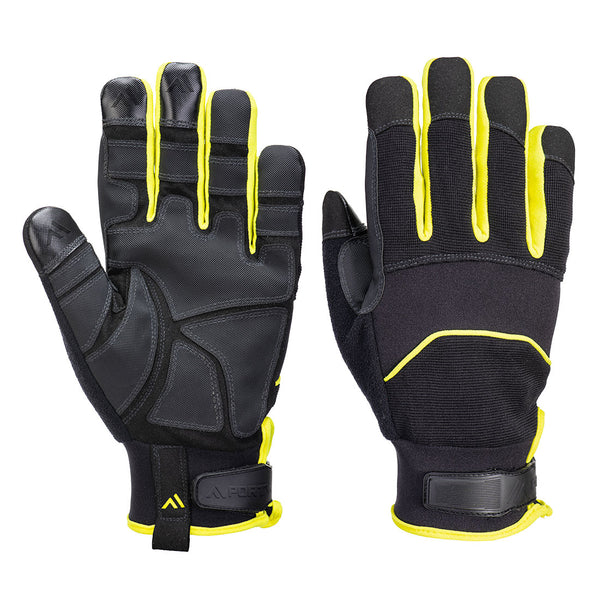 Portwest needle-resistant gloves in black and yellow with textured palm and secure wrist strap