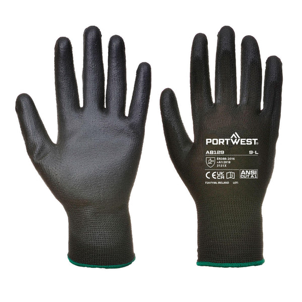 Portwest PU-coated palm gloves in breathable black knit, laid flat on clean white backdrop