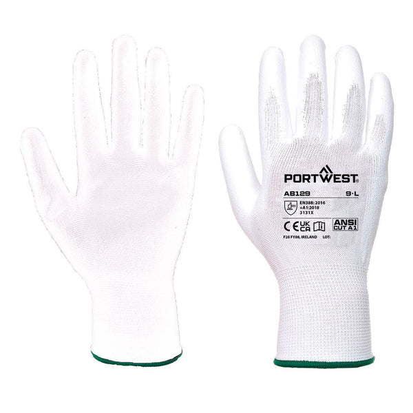 Portwest PU-coated palm gloves in breathable white knit, laid flat on clean white backdrop