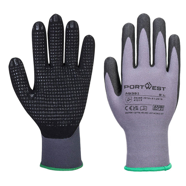 Grey and black Portwest DermiFlex Plus gloves with micro-foam palm coating and snug knit wrist