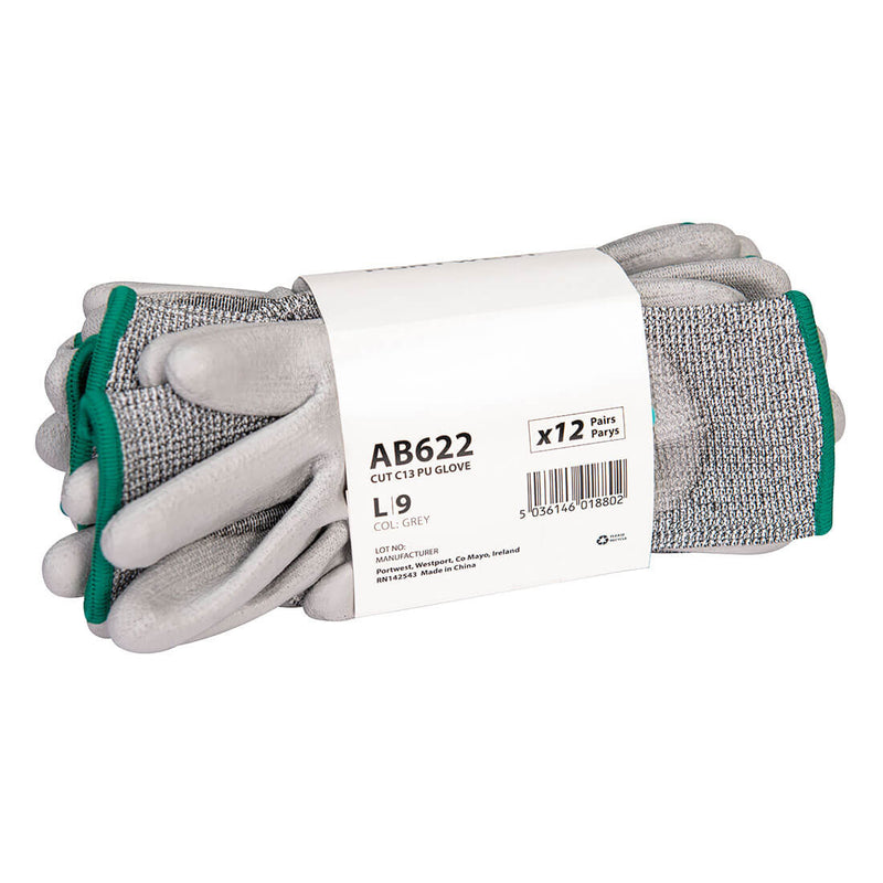 Pack of twelve grey cut-resistant PU work gloves with green trim, size L