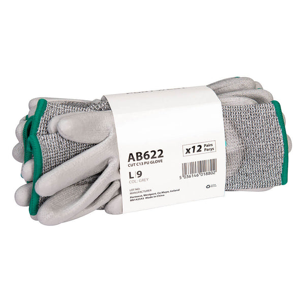 Pack of twelve grey cut-resistant PU work gloves with green trim, size L