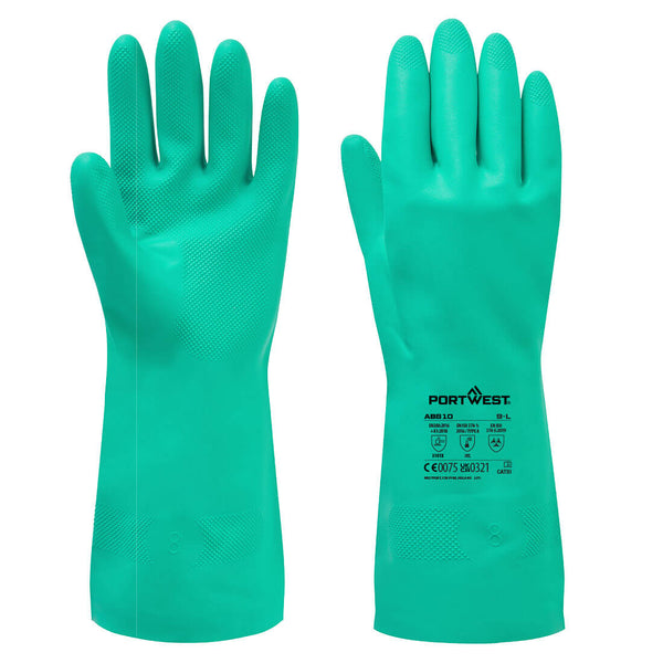 Pair of teal chemical-resistant Portwest gloves with textured palm and safety markings