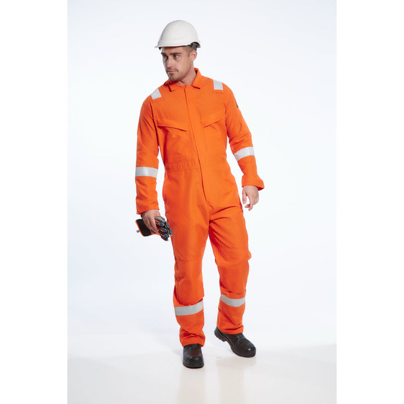 Worker wearing helmet and the Portwest Araflame Gold Coverall AF53.