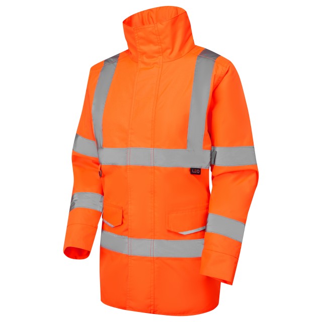Left side of the Leo Workwear Cheristow women's anorak in hi-vis orange.
