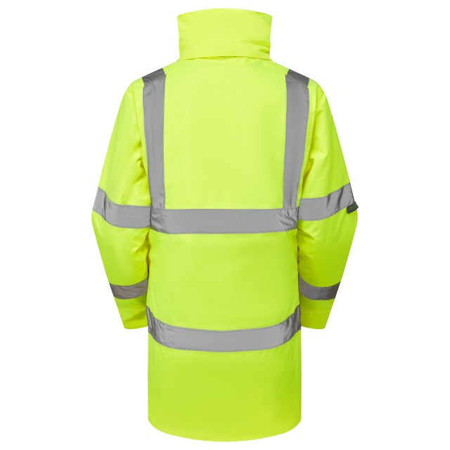 Back of the hi-vis yellow Leo Workwear Cheristow women's anorak, displaying the full reflective stripe configuration.