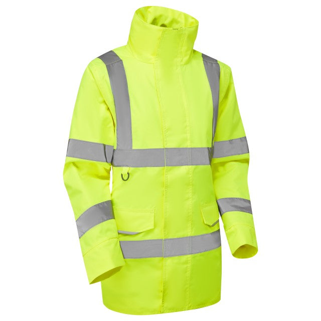 Right profile of the yellow Leo Workwear Cheristow women's hi-vis anorak, showing its practical and safe design.