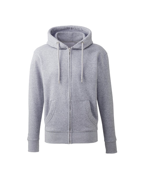 Anthem AM002 men's full-zip hoodie in gym grey, presented in a flat lay shot.