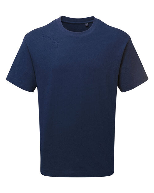 Anthem AM015 men's heavyweight t-shirt in navy blue, presented in a flat lay.