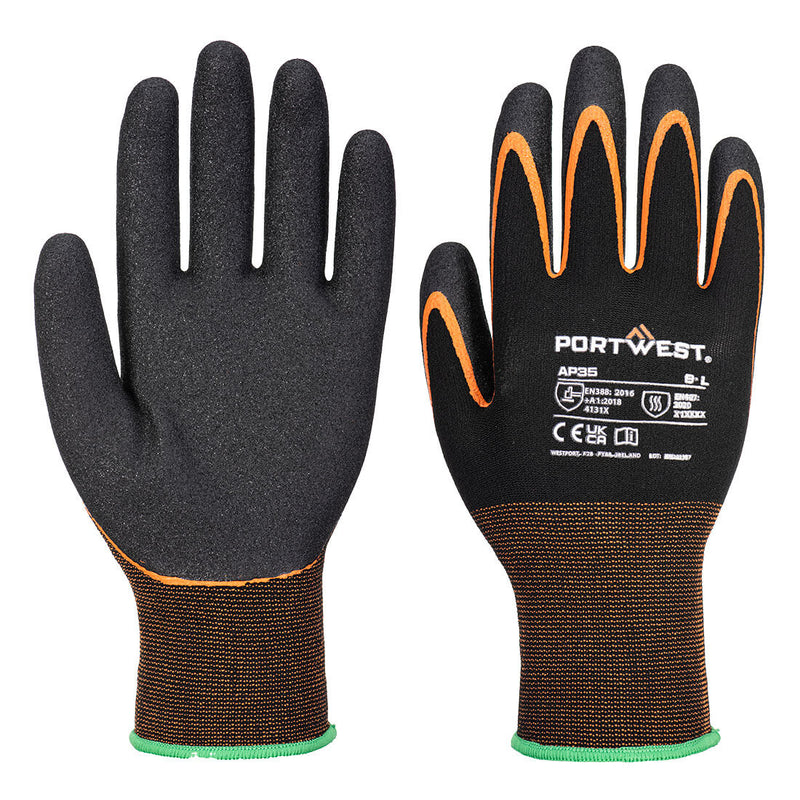 Black Portwest AP35 cut-resistant gloves with orange finger trim and textured palms