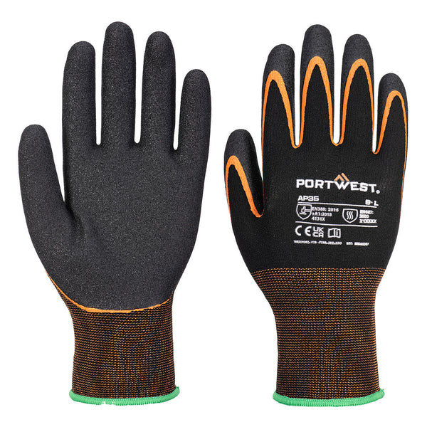 Black Portwest AP35 cut-resistant gloves with orange finger trim and textured palms