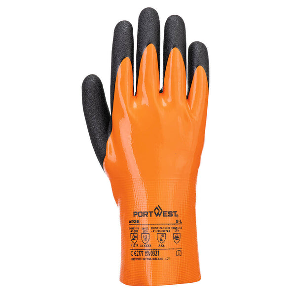 Orange fully-coated Portwest AP36 safety glove with black textured fingertips