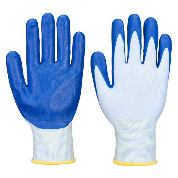 White knit gloves with blue nitrile palm coating and dipped fingertips