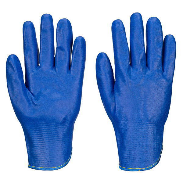 Full blue nitrile-coated work gloves offering liquid resistance