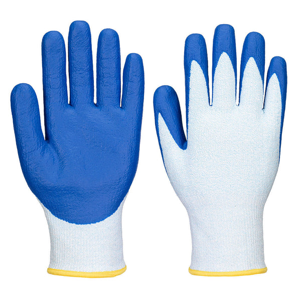 White knit gloves with extended blue nitrile palm dip and yellow cuff trim