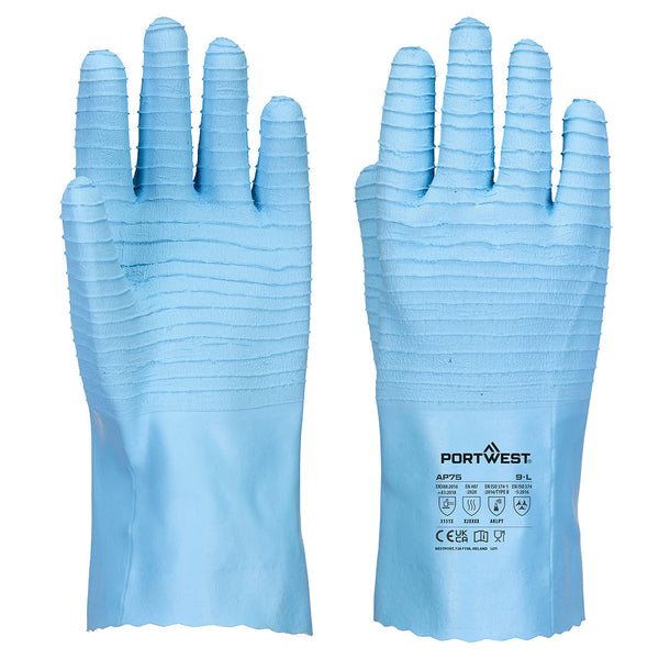 Light-blue ribbed-grip Portwest AP75 gloves with long cuffs for chemical protection