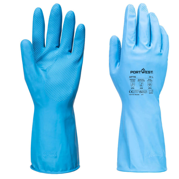 Bright-blue chemical-resistant Portwest AP76 gloves with diamond palm grip and long cuff