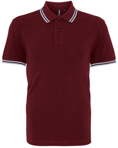 Asquith and Fox men's tipped polo AQ011 in burgundy with light sky blue tipping, laid flat.