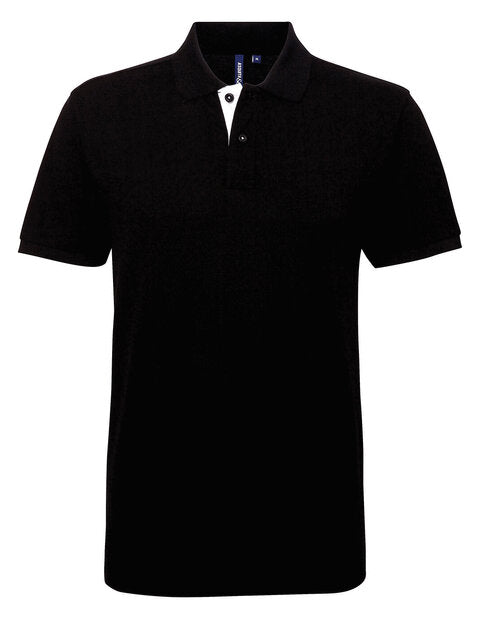 Men's contrast polo shirt AQ012 by Asquith and Fox in black and white, laid flat.