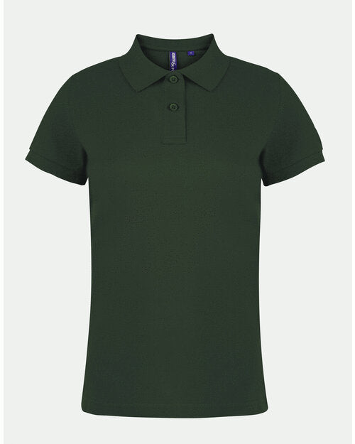 A bottle green Asquith and Fox ladies' classic fit cotton polo shirt AQ020, laid flat.