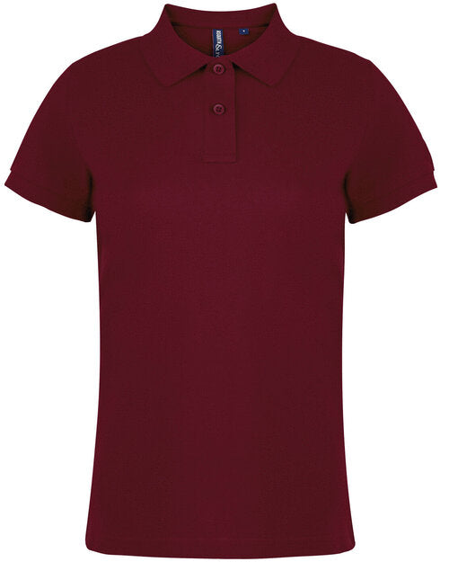 Ladies' classic fit cotton polo shirt AQ020 by Asquith and Fox in a deep burgundy, viewed from above.