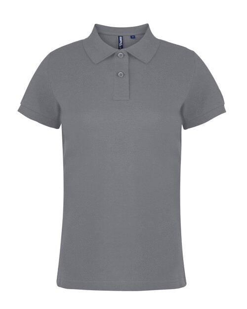 A heather grey Asquith and Fox ladies' classic fit cotton polo shirt AQ020, in a top-down view.