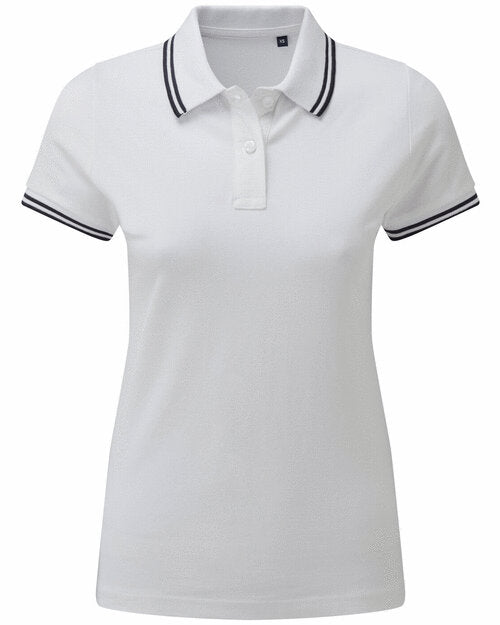 A crisp white Asquith and Fox ladies' tipped polo shirt AQ021 with smart navy blue tipping.