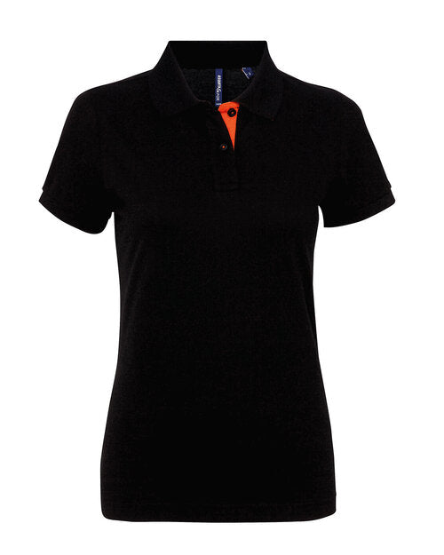 Ladies' contrast polo AQ022 by Asquith and Fox in black with bright orange panels.