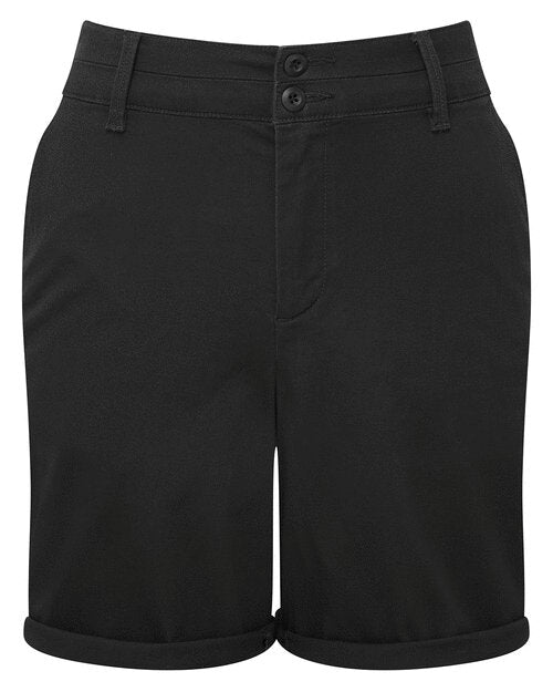 A clean, top-down view of the black Asquith and Fox women's lightweight chino shorts, model AQ068.