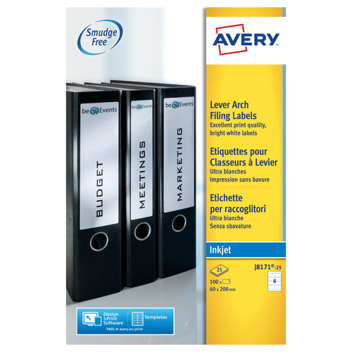Avery Inkjet Lever Arch Filing Labels 4 Per Sheet White J8171 – (Pack of 100)