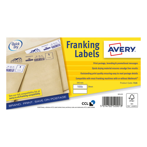 Avery Franking Label 140x38mm 2 Per Sheet White Fl01 – (Pack of 1000)