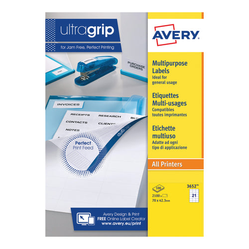 Avery Ultragrip Multipurpose Labels 70x42.3mm 21 Per Sheet White – (Pack of 2100)