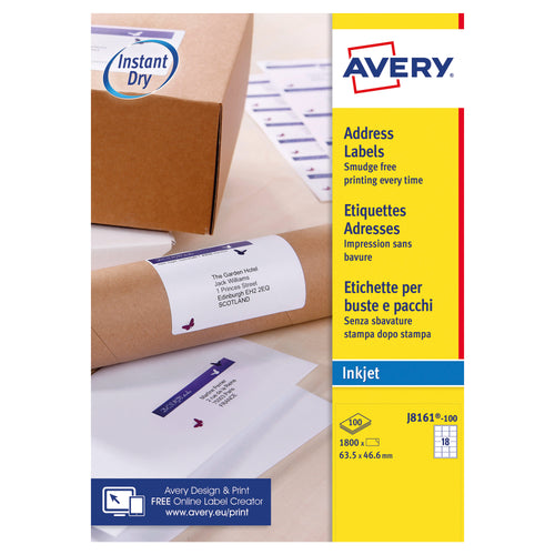 Avery Inkjet Labels 63.5x46.6mm 18 Per Sheet White – (Pack of 1800)