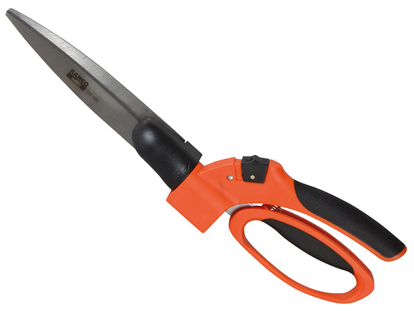 A close-up of the cutting head of the Bahco GS-180-E grass shears.