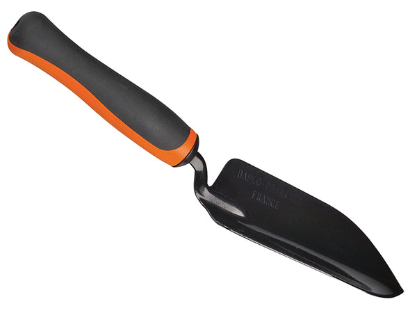 Bahco P263 Small Hand Garden Trowel with a pointed steel head and orange ergonomic handle.
