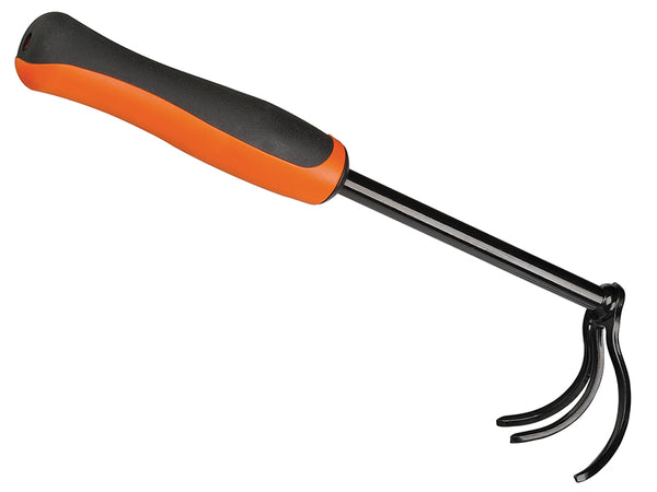 Bahco P264 Small Hand Garden Cultivator with three steel tines and an orange soft grip.