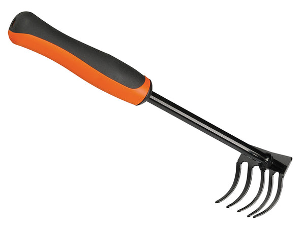 Bahco P266 Small Hand Garden Rake with a five-tine steel head and orange comfort handle.
