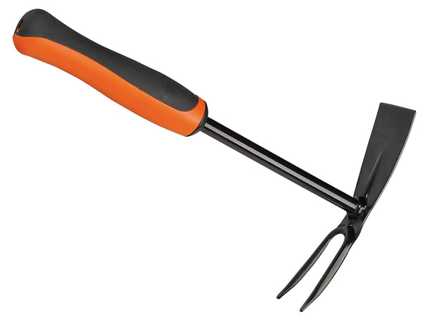 Bahco P267 Small Hand Garden 2-Point Hoe with a dual-function head and orange handle.