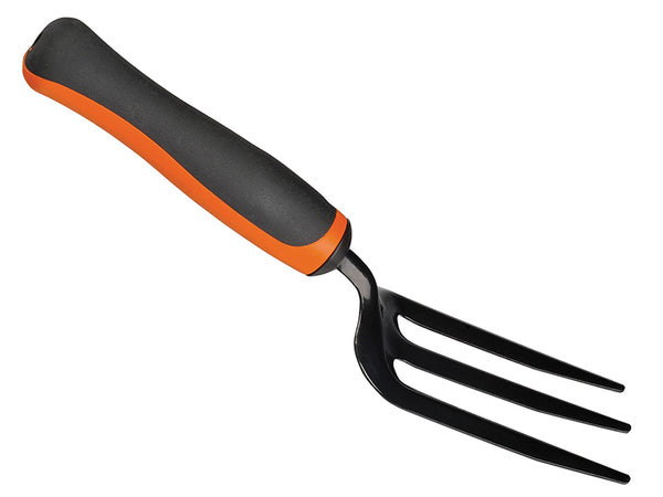 Bahco P270 Small Hand Garden Weeding Fork with sharp steel tines and an orange handle.