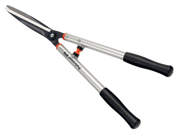 Bahco P54-SL-25 super light hedge shears with wavy-edge blades and orange composite handles.