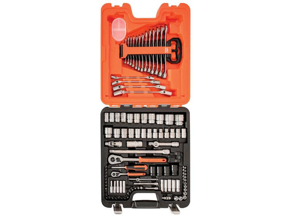 A Bahco S106 106-piece 1/4-inch and 1/2-inch drive socket and spanner set in its case.