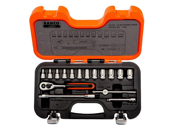 A 16-piece Bahco S160 1/4-inch drive socket set in a compact and durable orange case.