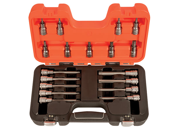 An 18-piece Bahco S18TORX 1/2-inch drive Torx bit socket set on a metal storage rail.