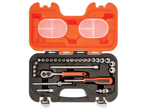 The Bahco S290 29-piece socket set laid out in its open case, showing all components.