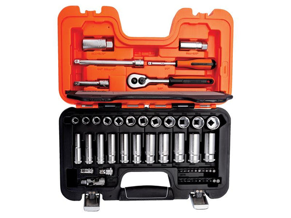 Bahco S330L 53-piece 3/8-inch drive set with standard and deep sockets in a rugged case.