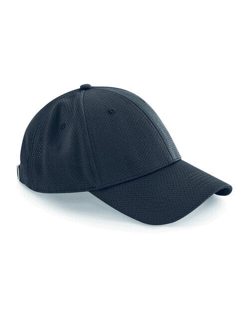 Top-down flat lay view of a black Beechfield B196 flat peak snapback cap.