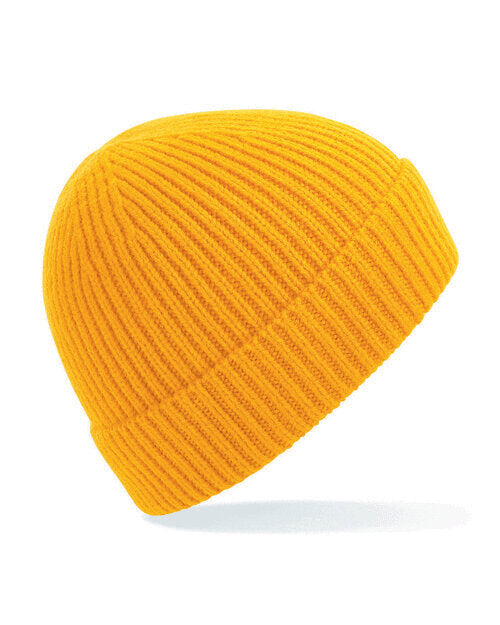 Sunny yellow Beechfield B380 organic cotton beanie in a flat lay style.
