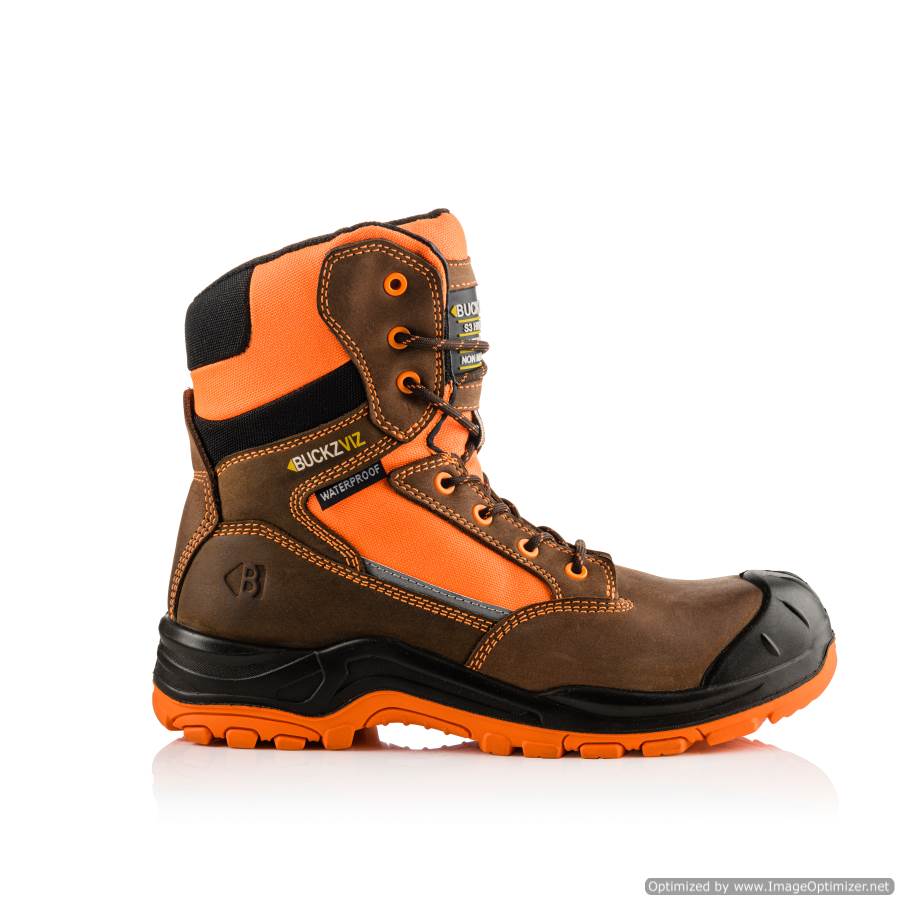 BVIZ1 Buckbootz Buckz Viz S3 Orange/Brown 360° High Visibility Metal Free Waterproof Safety Lace/Zip Boot