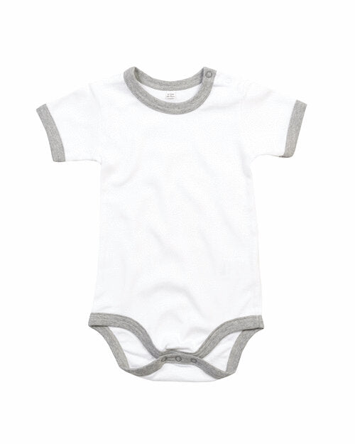 White ringer bodysuit with heather grey trim by Babybugz, flat lay.